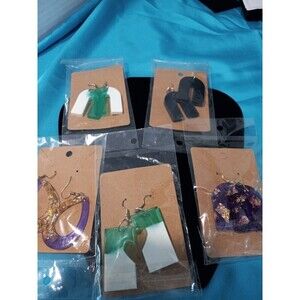 Lot of 5 Resin Earrings, Purple, Green and Black.